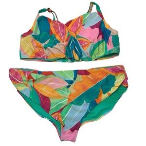 TIME & TRU Multicolor Tropical Leaf Ruched Bottom Bikini Set Sz 3X/26W-28W